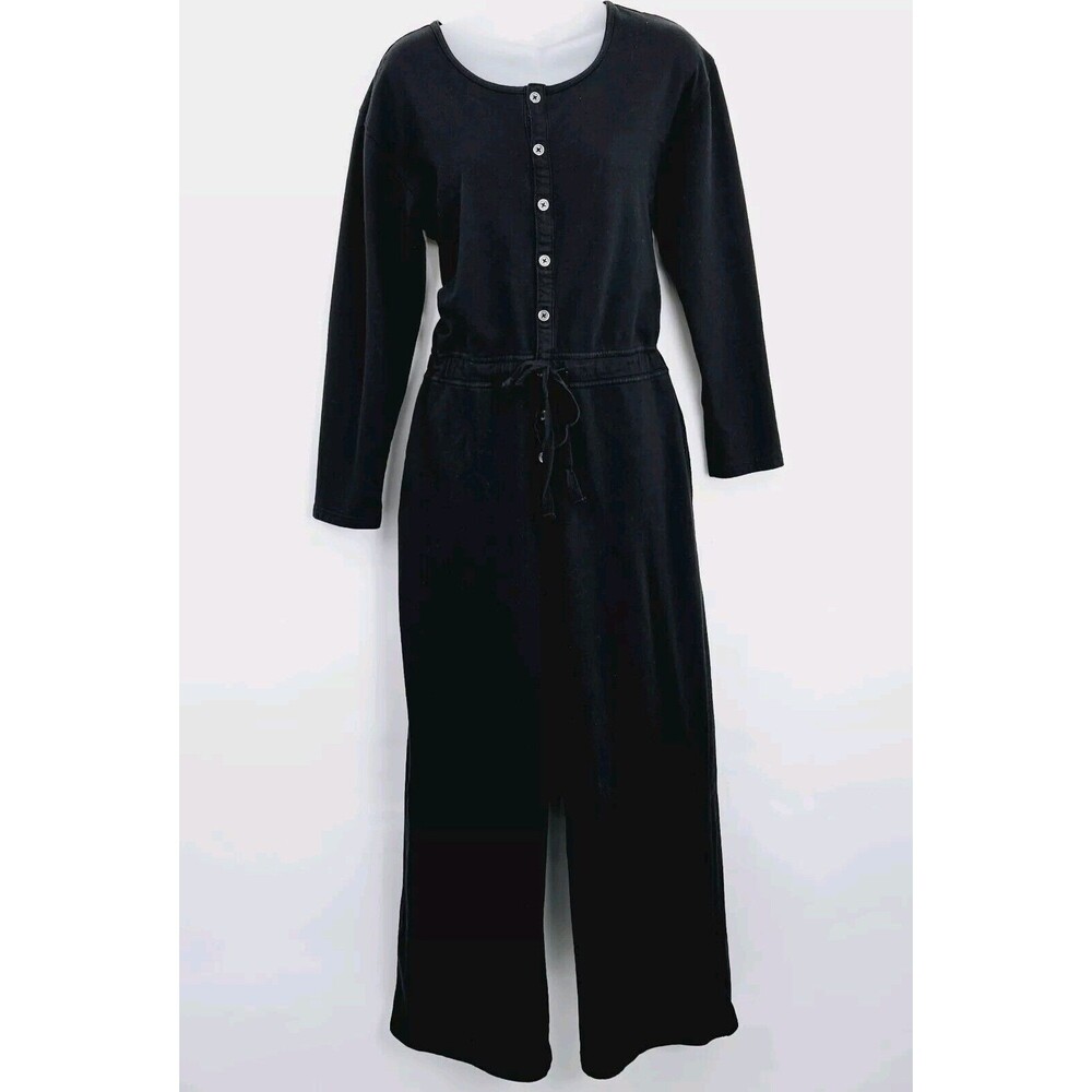 Aerie Black Wide Leg Jumpsuit Medium Pockets Long Sleeve Knit Loungewear Comfy